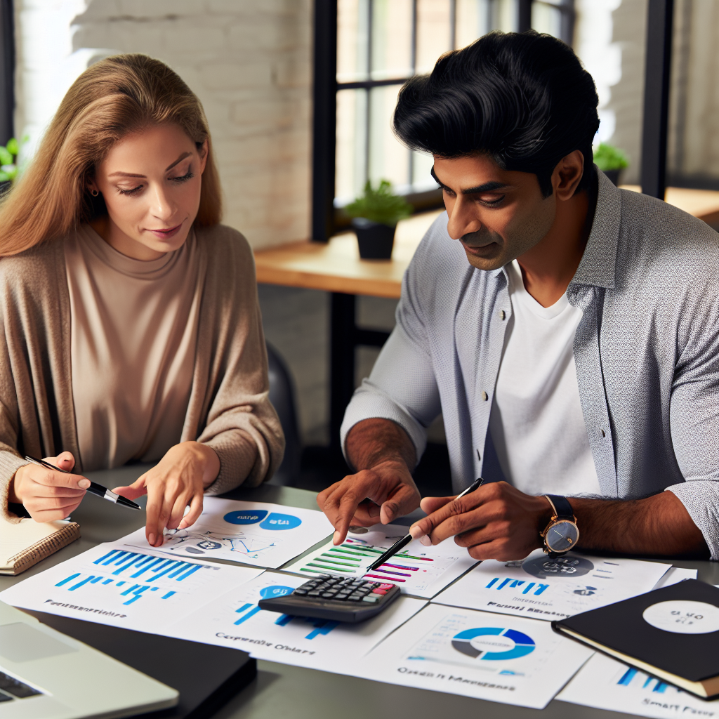 Two colleagues mapping a quarterly money management plan on paper charts with calculators, highlighting structured milestones and prudent cash flow scenarios for sustainable savings