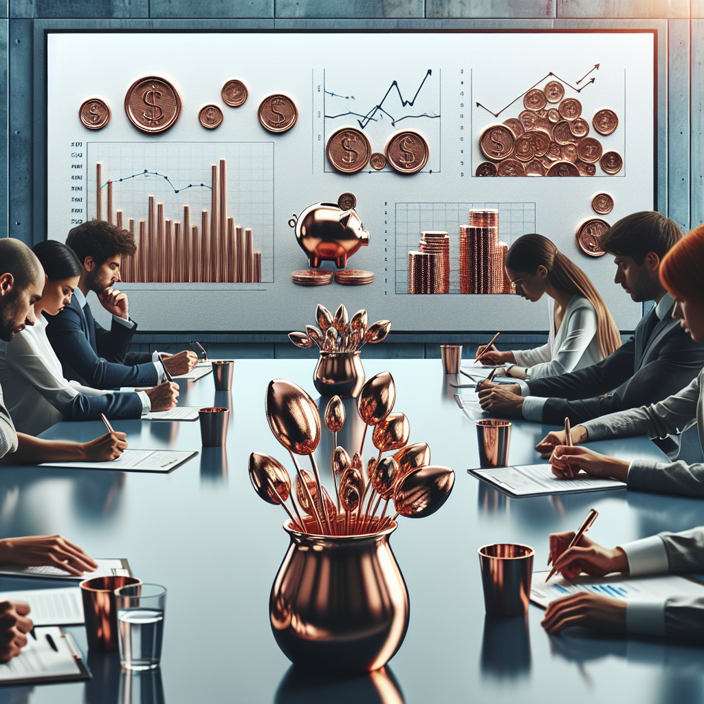 Focused participants taking notes during a collaborative financial planning workshop with charts projected on screen and copper toned stationery displayed across a clean conference table
